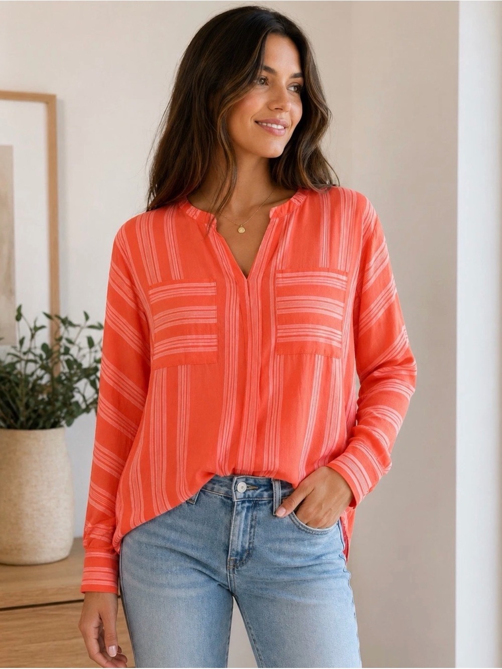 Old Navy Coral Striped Button-Down Style Blouse